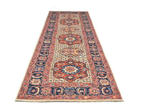 4x12 Beige Blue Aryana Afghan Hand Knotted Veg Dye Wool Runner Rug